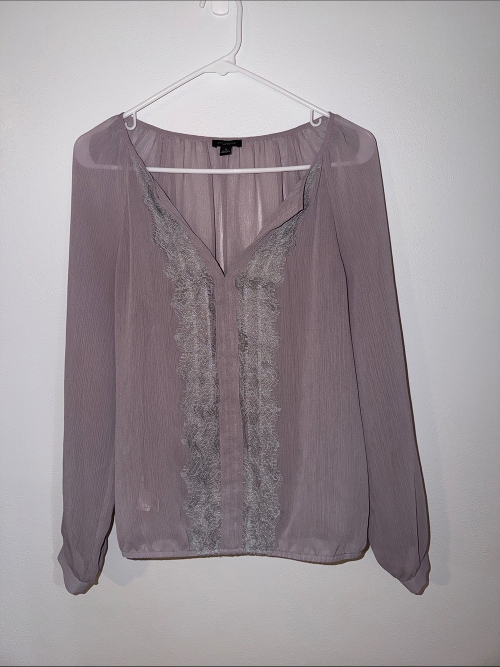 Womens Sheer Lace-Trim Long Sleeve Blouse - Light Purple
